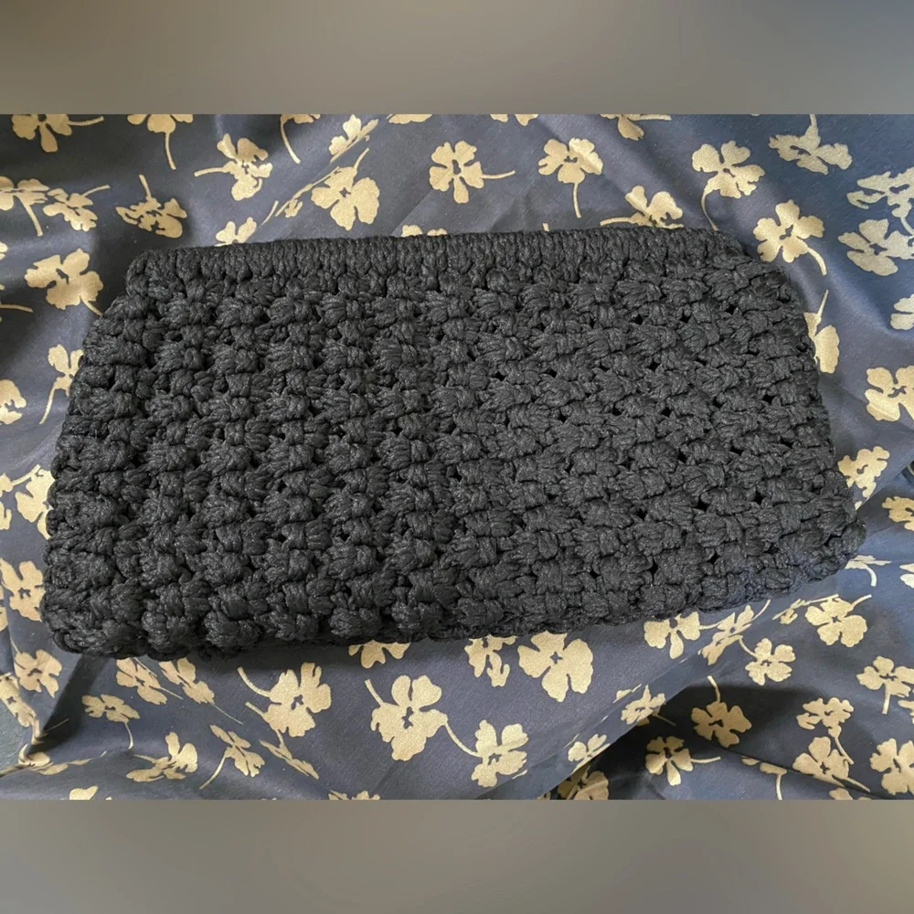 Vintage Black Crochet Clutch Purse Handbag Bobble Popcorn Stitch